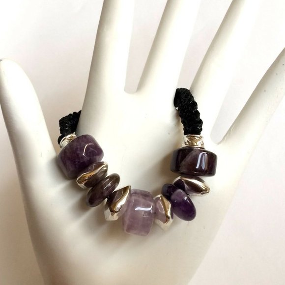Silver Amethyst Stone Rope Bracelet Purple 6-9" - Picture 7 of 11